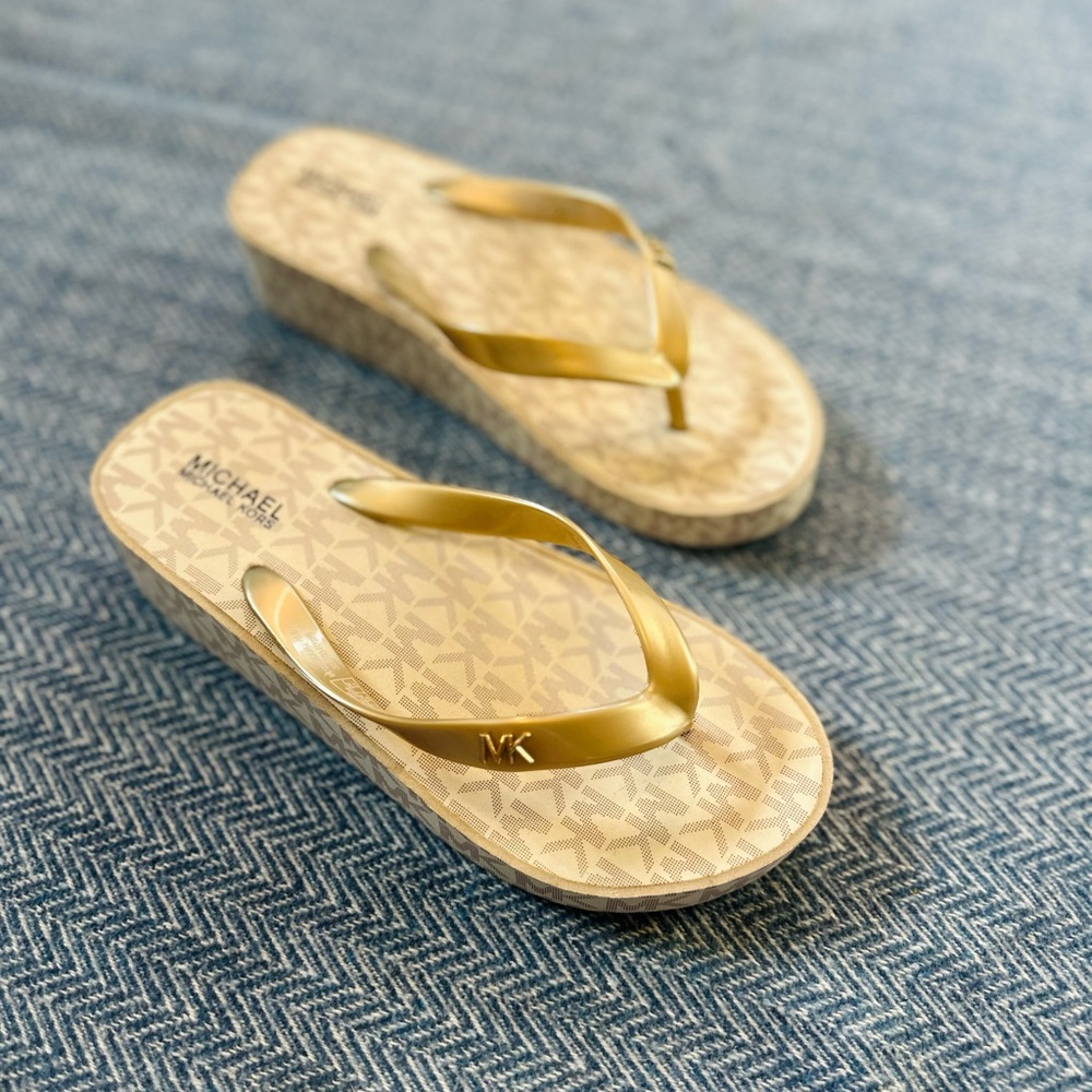 Michael Kors Metallic Gold Wedge Flip Flop Sandals